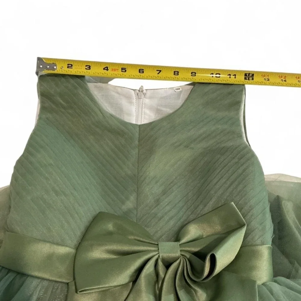 Unbranded Formal Gown Kids 10-12 yrs Sage Green Wedding Sequin Tulle Bow Dress - Picture 3 of 8